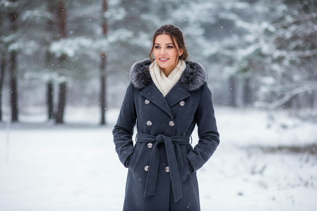 Maak en realistische afbeelding waar een vrouw een winterjas draagt